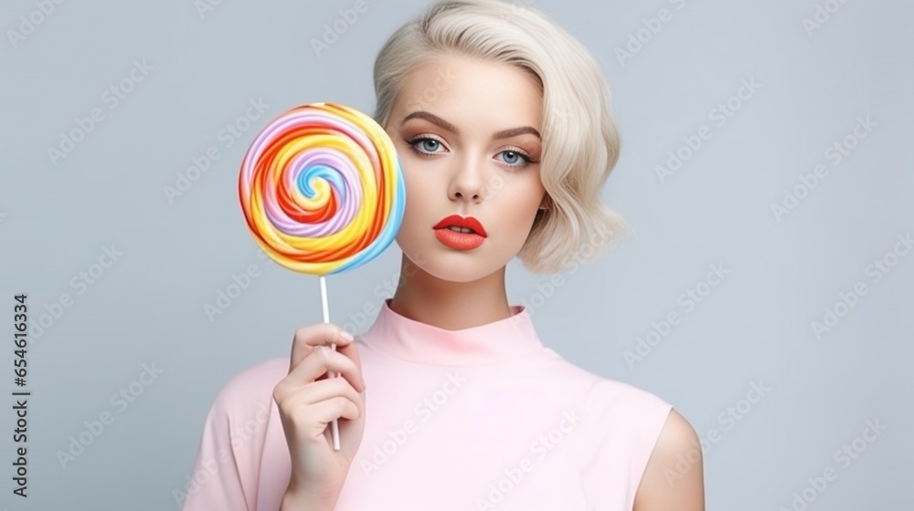 Sweet look Cheerful young woman looking threw a lollipop while standing against white background : Generative AI