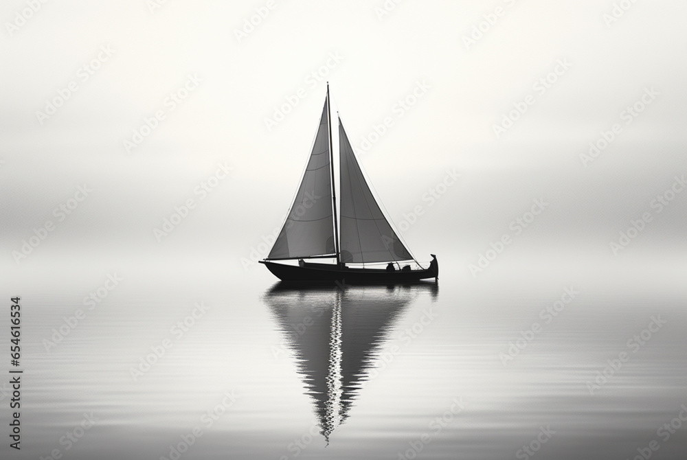 sail boat over calm water, in the style of light white and gray - obrazy, fototapety, plakaty 