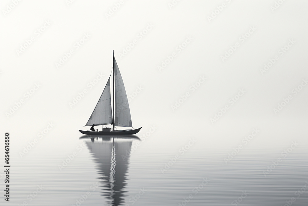 sail boat over calm water, in the style of light white and gray