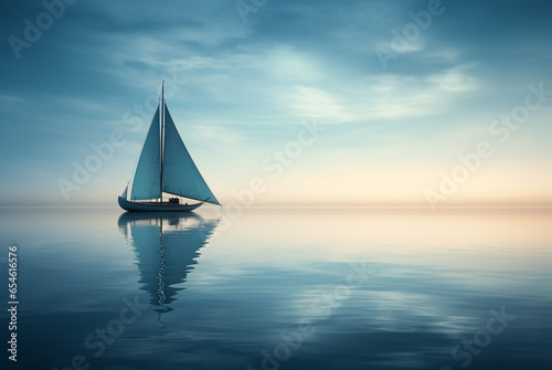 sailing boat floating on water on a beautiful day, in the style of light white and blue