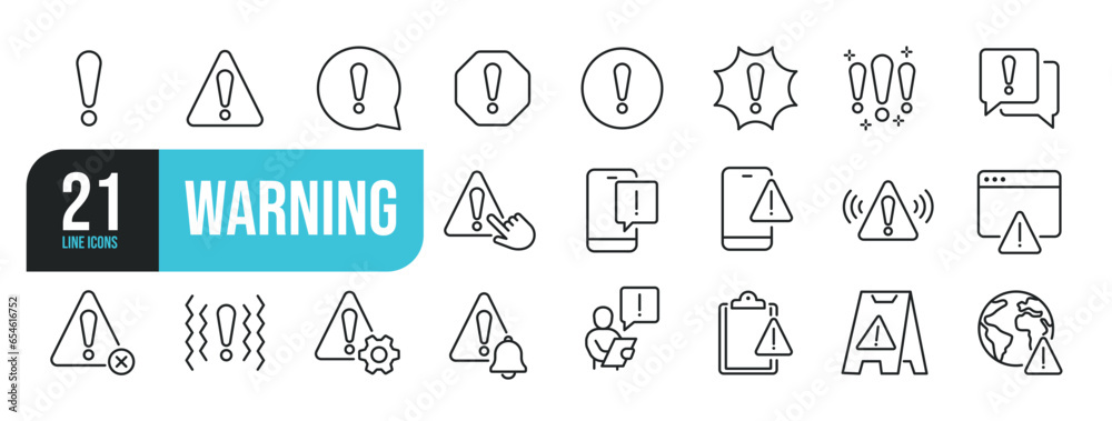 Set of line icons related to warning, alert, exclamation mark, warning sign. Outline icons collection. Editable stroke. Vector illustration.
