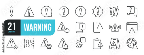 Set of line icons related to warning, alert, exclamation mark, warning sign. Outline icons collection. Editable stroke. Vector illustration.