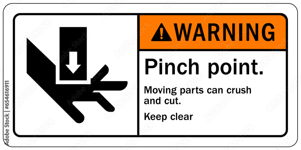 Crush and cut hazard warning sign and labels Moving parts and materials