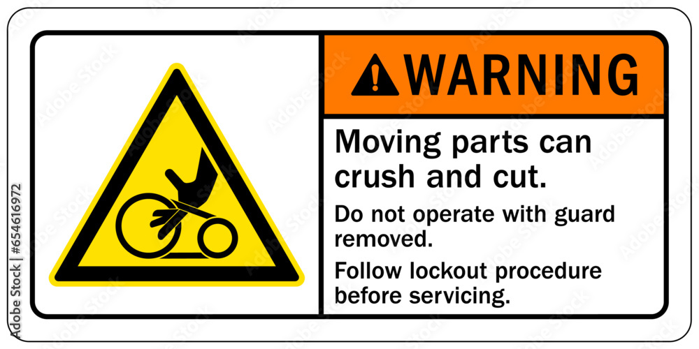 Crush and cut hazard warning sign and labels Moving parts and materials