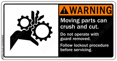 Crush and cut hazard warning sign and labels Moving parts and materials can cut and crush. Keep hands clear. Follow lockout procedure before servicing. Do not operate with guard removed