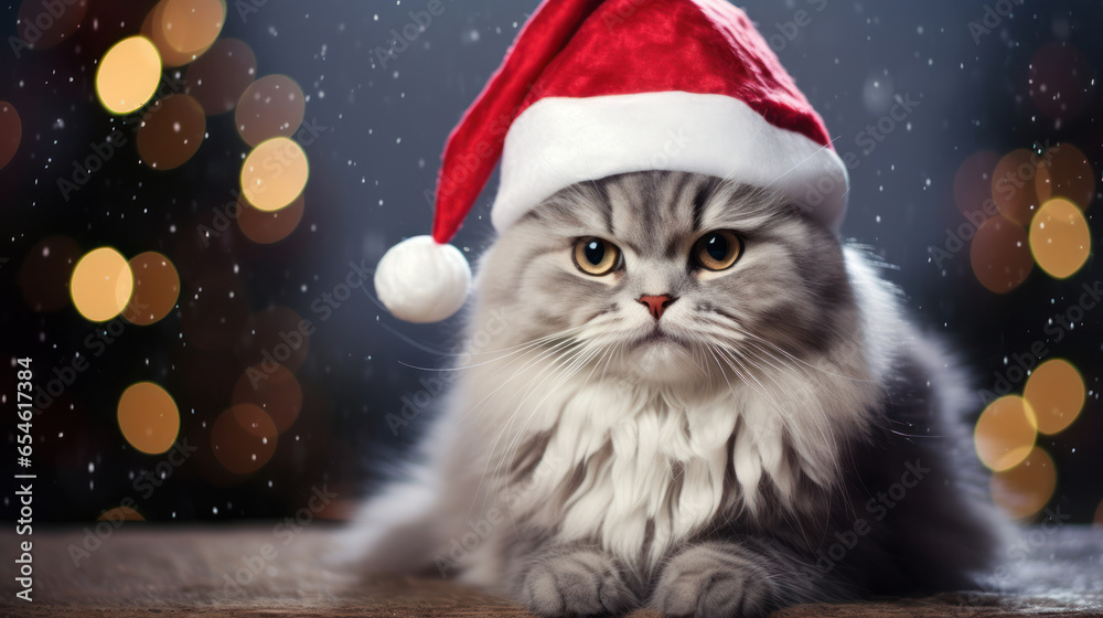 Cat in Santa Claus Hat with Christmas Background, Festive Season. Generative AI