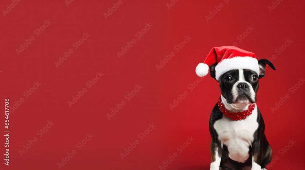 Bulldog Dog in Santa Claus Hat with Red Background, Christmas Festive Season, Copy Space. Generative AI