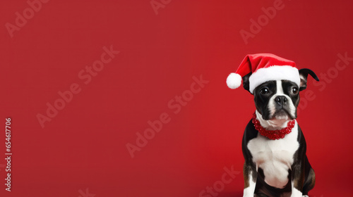 Bulldog Dog in Santa Claus Hat with Red Background, Christmas Festive Season, Copy Space. Generative AI © BussarinK