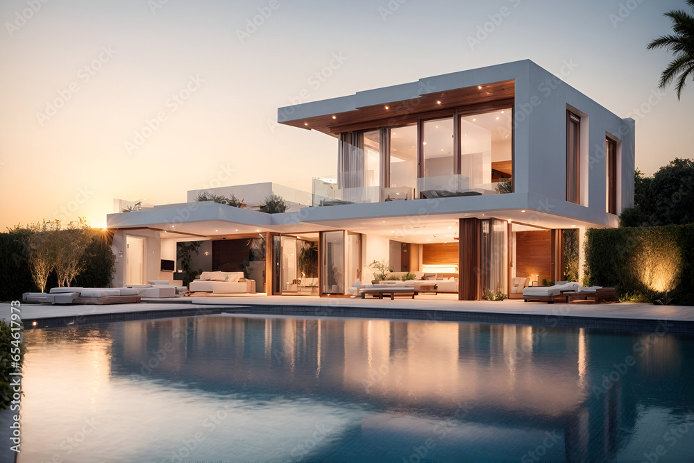 Modern luxurious house with swimming pool at sunset