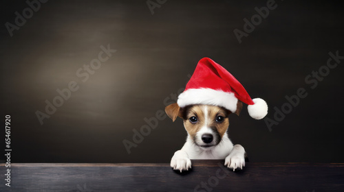 Dog in Santa Claus Hat with Dark Background, Christmas Festive Season, Copy Space. Generative AI © BussarinK