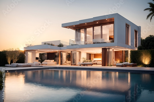 Modern luxurious house with swimming pool at sunset © Designer Khalifa