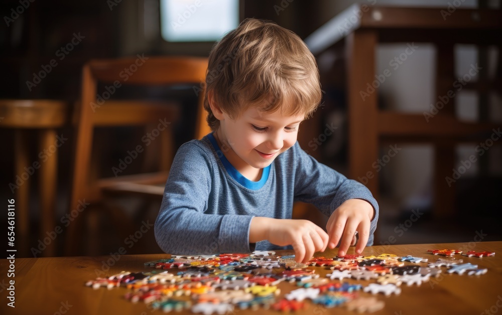 Child boy doing a puzzle. Generative AI Child boy doing a puzzle. Generative AI