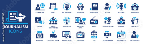 Journalism icon set. Containing journalist, news, microphone, interview, reporter, podcast, press badge, newspaper and radio. Solid icons collection. Vector illustration.