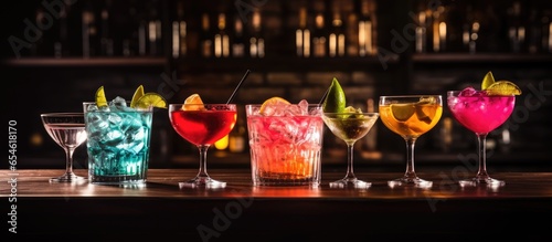 Various tasty cocktails on dark bar table Room for text