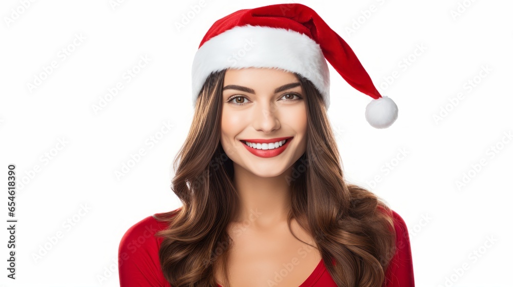 a closeup photo portrait of a beautiful young american female lady model smiling laughing. wearing a red santa cap hat at christmas. isolated on white studio background. Generative AI a closeup photo portrait of a beautiful young american female lady model smiling laughing. wearing a red santa cap hat at christmas. isolated on white studio background. Generative AI