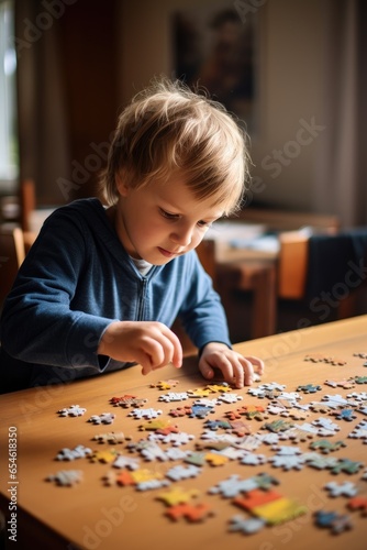 Child boy doing a puzzle. Generative AI