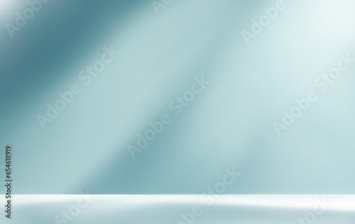 Wallpaper Mural Empty blue room scene. Horizontal white table top in front, blurred blue wall background. Soft sun light and shadow on wall. Podium, pedestal, platform, for cosmetics product. Banner generated by AI Torontodigital.ca