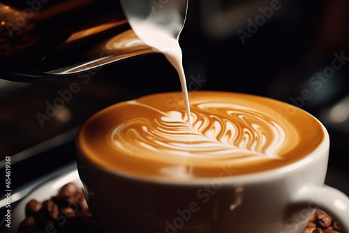 Making latte art in a cup of coffee. Latte surface macro view. Cappuccino in white cup  close up view. Coffee with milk  generated by AI