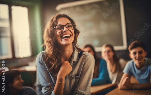 A teacher happily teaching in class In front of the blackboard. Generative AI