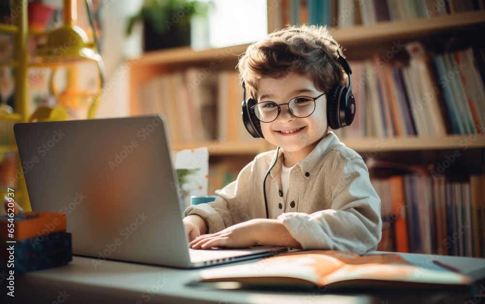 A lovely and charming child boy happily teaching an online class for children from his computer. Generative AI A lovely and charming child boy happily teaching an online class for children from his computer. Generative AI
