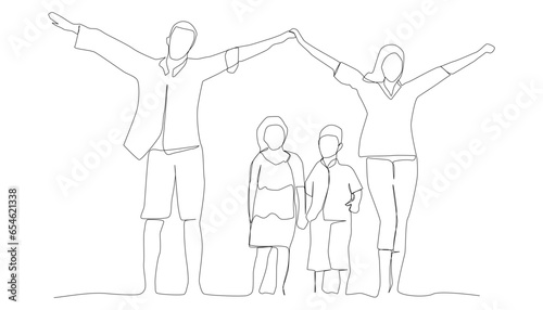 Parents take their children in the family to have fun on holiday. One line art style on a white background.