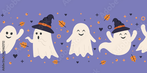 Halloween party ghost design. Halloween phantom ghost with different character. Cute pattern with halloween ghosts.