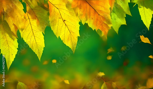 Autumn background with yellow maple leaves on green bokeh background