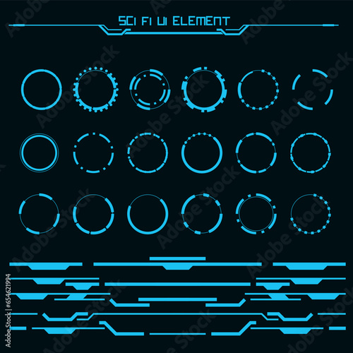 Set of Sci Fi Modern User Interface Elements. Futuristic Abstract HUD. Good for game UI. Circle and footer elements for data infographics. Vector Illustration.