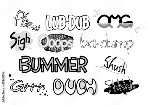 物音や感情を表す英語の擬音、効果のイラスト素材セット