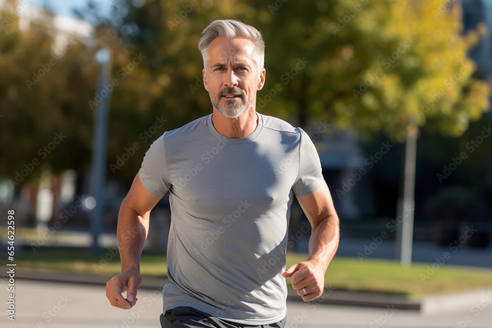 Portrait of a middle-aged man jogging in a city park in the morning Portrait of a middle-aged man jogging in a city park in the morning