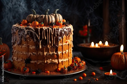 Halloween pumpkin and candle cake Hyper-Realistic High-Resolution Spooky Yet Tempting, Delicious, AI Generated