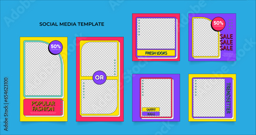 social media template banner blog fashion sale promotion. fully editable instagram and facebook square post frame puzzle organic sale poster. fresh yellow red blue vector background