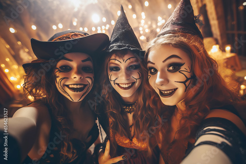 Girlfriends in Halloween costumes having fun at the party