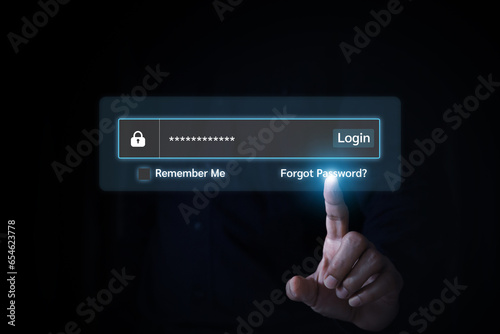 Businessman hand touch screen login username and password identity or sign up register of cyber security internet access join social or personal data protection or forget pass key unlock.