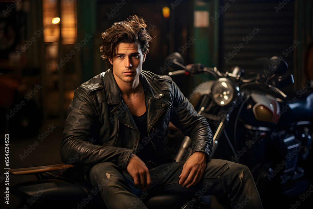 Portrait of handsome biker sitting with his motorcycle in the garage. Illustration, Ai generative