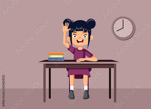 Student Girl Raising a Hand up in Class Vector Cartoon illustration. Studious schoolgirl participating as volunteer in class activities
