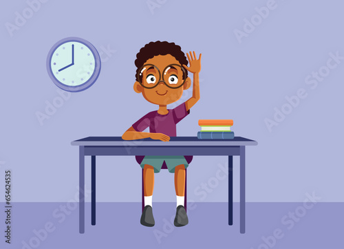 Student Boy Raising a Hand up in Class Vector Cartoon Illustration. Studious schoolboy participating as volunteer in class activities

