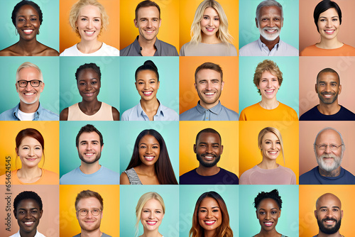 Collage of portraits and faces of smiling multiracial group of various diverse people for profile picture on colorful background. Diversity concept. Generative Ai.
