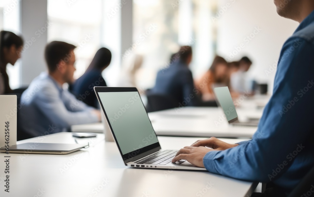 An adult person learning to program websites on laptop, sitting in a bright modern classroom, with other students. Generative AI An adult person learning to program websites on laptop, sitting in a bright modern classroom, with other students. Generative AI