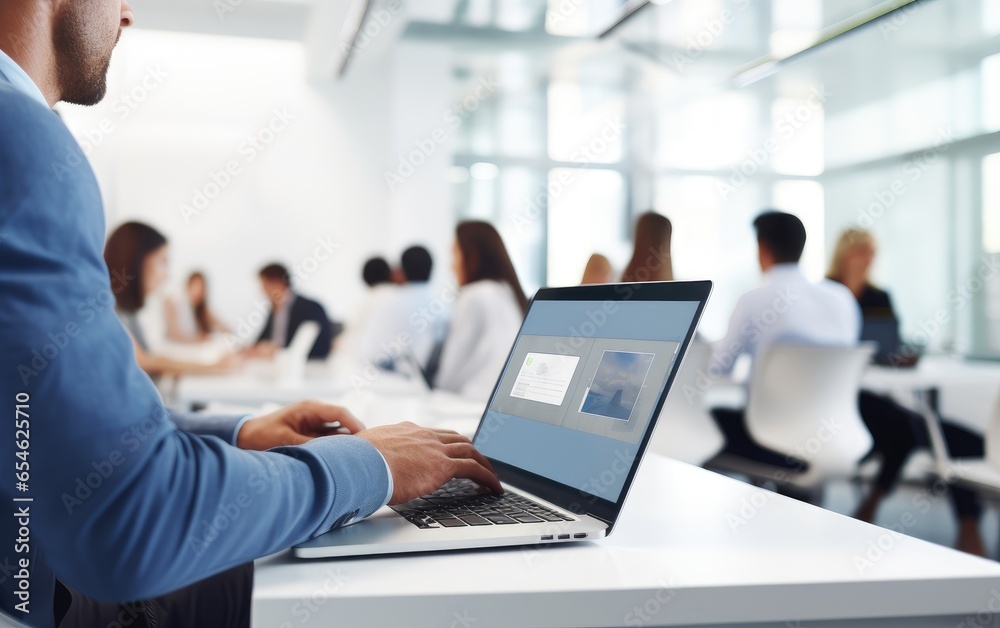 An adult person learning to program websites on laptop, sitting in a bright modern classroom, with other students. Generative AI An adult person learning to program websites on laptop, sitting in a bright modern classroom, with other students. Generative AI