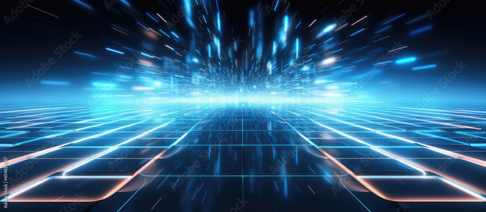 Futuristic technology with a neon graphic background in light blue and beige tones within a dark setting Futuristic technology with a neon graphic background in light blue and beige tones within a dark setting
