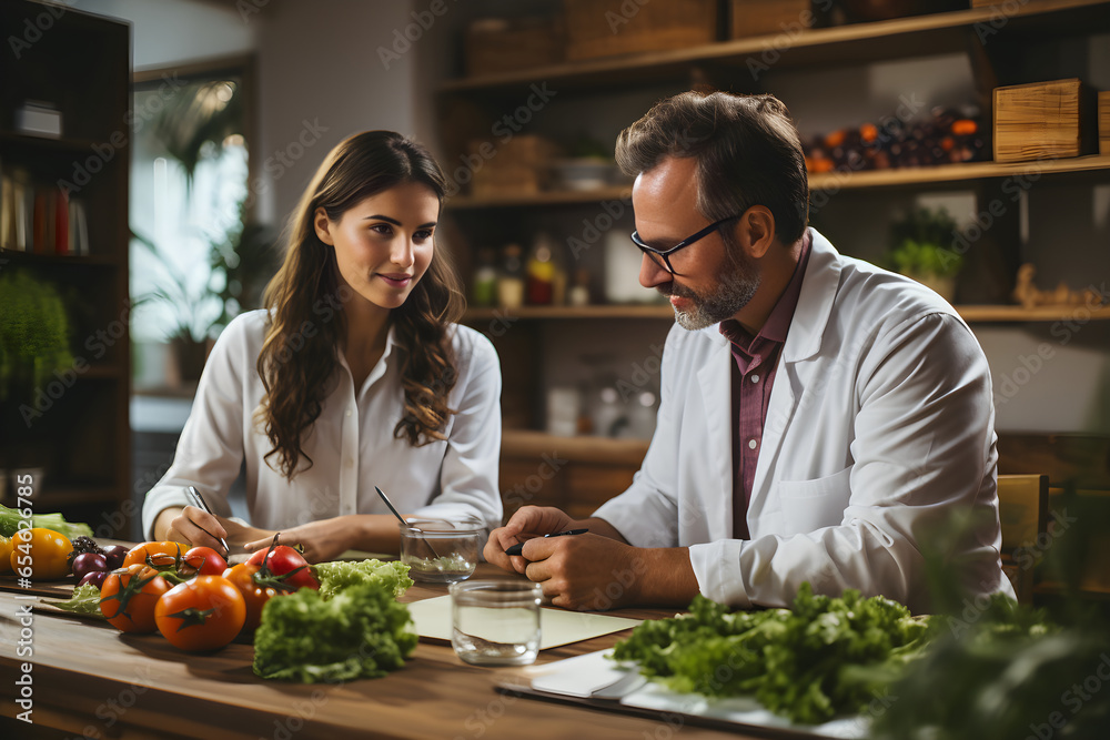Male nutritionist gives consultation to patient on healthy fruits and vegetables. proper nutrition and dining concept. Generative AI