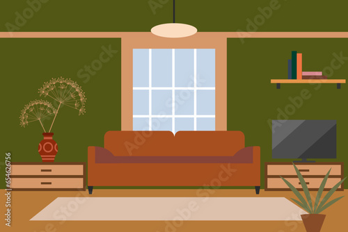 Living room with window furnished with sofa, chests of drawers, TV set, and houseplant