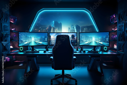 Gamer, programmer, hacker or trader room with multiple computer monitors on desk gaming setup for playing online and live streaming. Shooters, cyber sport, e-sport concept. Generative Ai photo