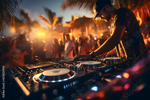 Dj playing music for tourist people at beach party outdoor, Summer nightlife view of disco club at sunset. Fun, lifestyle, entertainment and festive concept. Generative Ai.