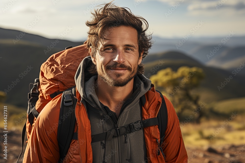 Portrait of smiling handsome young man with backpack on mountain peak at sunrise Portrait of smiling handsome young man with backpack on mountain peak at sunrise