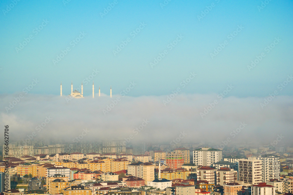 Rare early morning winter fog above the Istanbul city skyline a