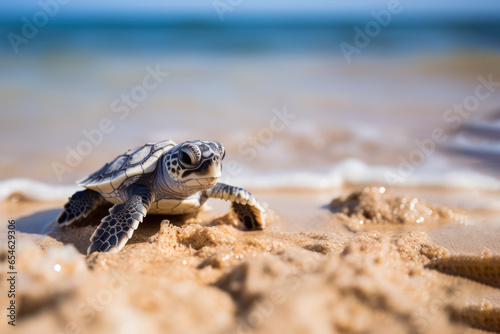 A Baby turtle walking on the beach sand
