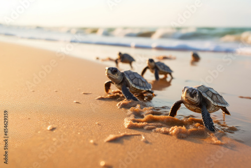 A group of Baby turtles walking on the beach sand