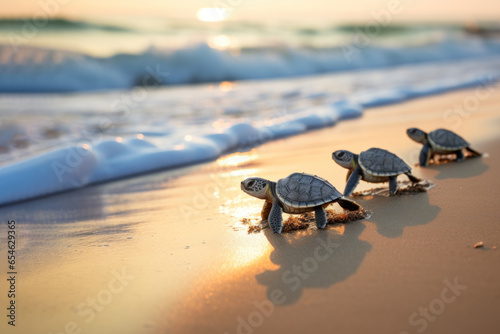 A group of Baby turtles walking on the beach sand